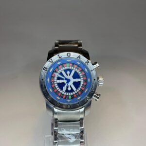 Relógio bulgari roleta prata fundo azul